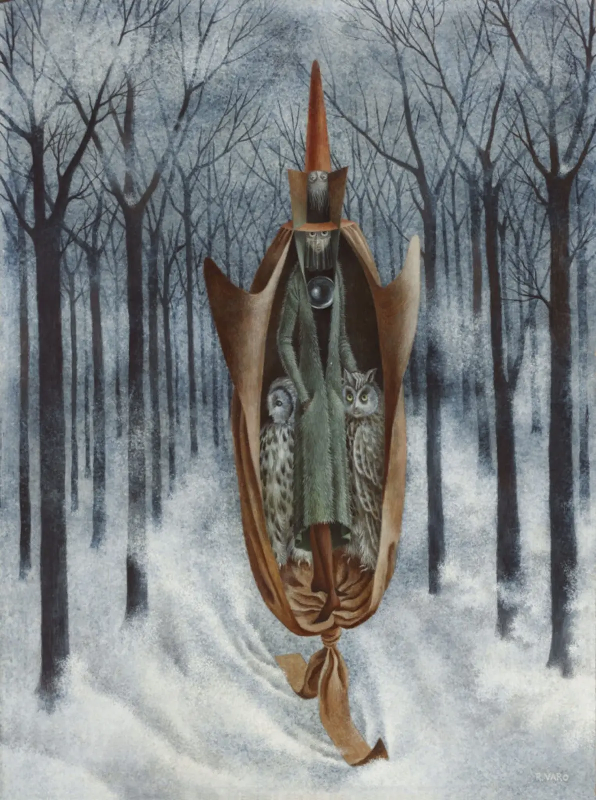 Remedios Varo, Esquiador (Viajero) wurde 2023 bei Christie’s versteigert.