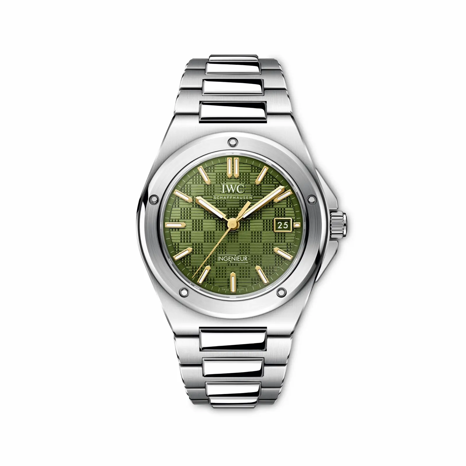 Ein Designklassiker von IWC Schaffhausen: Die Ingenieur Automatic 40 mit grünem Zifferblatt und „Grid“-Muster ist auf 1.000 Exemplare limitiert.