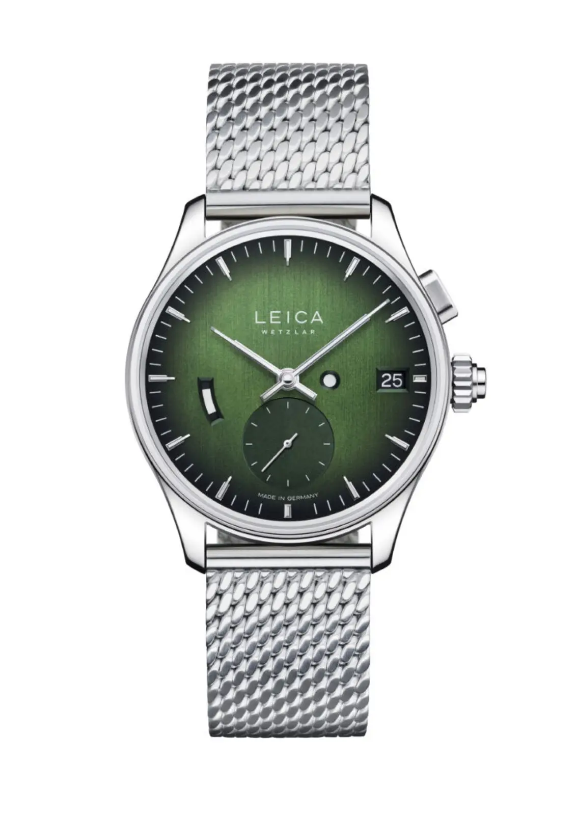 Extravagant kommt die Leica ZM1 Urban Green daher: mit Handaufzugswerk und Milanaise-Armband.